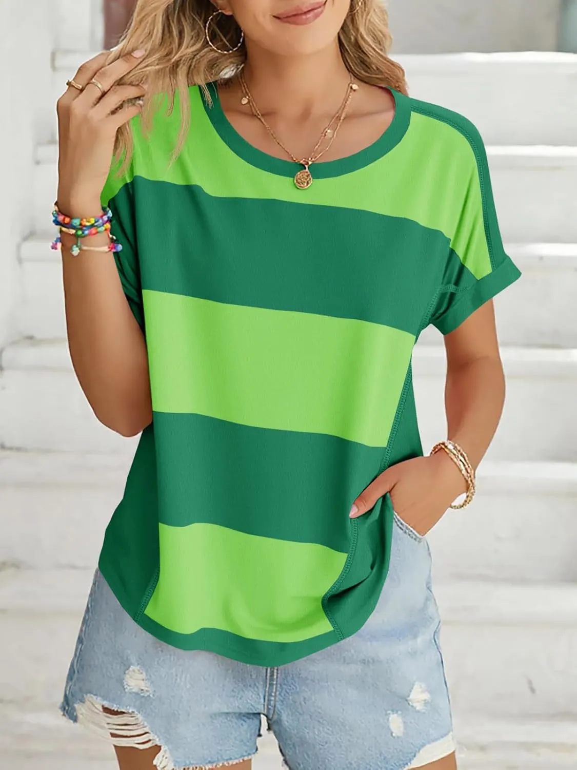 Tankaneo Womens Summer Tops Striped Oversized Short Sleeve Crew Neck Color Block Casual T Shirts Loose Basic Tee Blouses