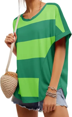 Tankaneo Womens Summer Tops Striped Oversized Short Sleeve Crew Neck Color Block Casual T Shirts Loose Basic Tee Blouses