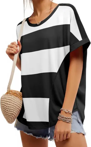 Tankaneo Womens Summer Tops Striped Oversized Short Sleeve Crew Neck Color Block Casual T Shirts Loose Basic Tee Blouses