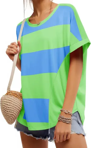 Tankaneo Womens Summer Tops Striped Oversized Short Sleeve Crew Neck Color Block Casual T Shirts Loose Basic Tee Blouses