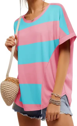 Tankaneo Womens Summer Tops Striped Oversized Short Sleeve Crew Neck Color Block Casual T Shirts Loose Basic Tee Blouses
