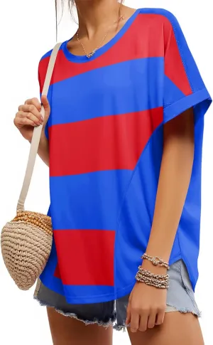 Tankaneo Womens Summer Tops Striped Oversized Short Sleeve Crew Neck Color Block Casual T Shirts Loose Basic Tee Blouses