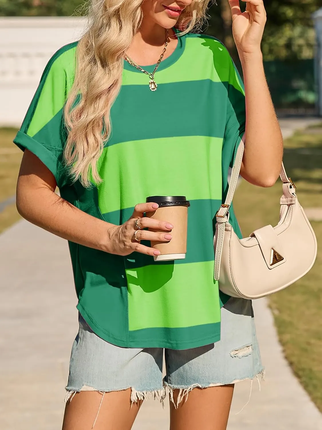 Tankaneo Womens Summer Tops Striped Oversized Short Sleeve Crew Neck Color Block Casual T Shirts Loose Basic Tee Blouses