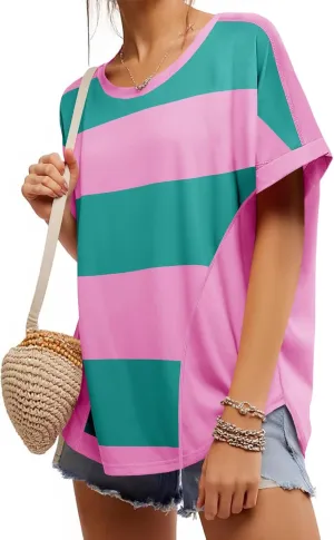 Tankaneo Womens Summer Tops Striped Oversized Short Sleeve Crew Neck Color Block Casual T Shirts Loose Basic Tee Blouses