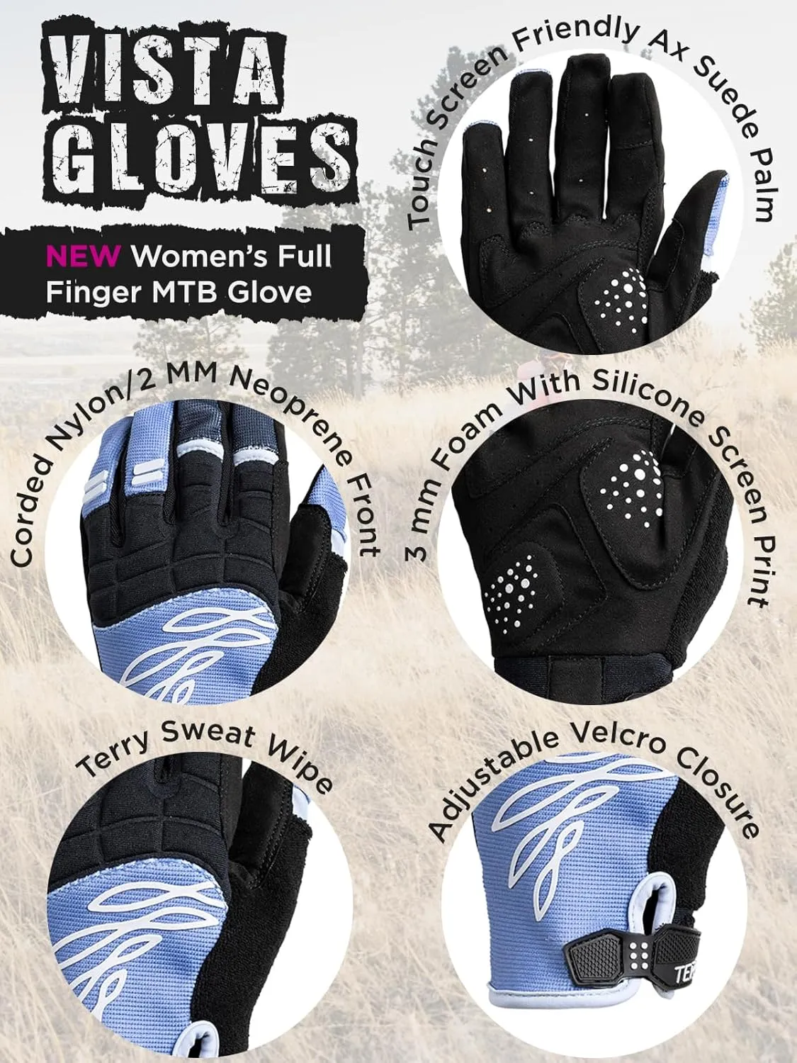 Terry Cycling Vista Mountain Bike Gloves for Women Full Finger Abrasion Resistant Protective