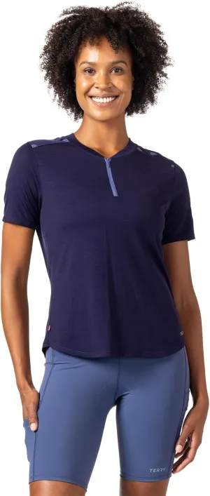 Terry Merino Short Sleeve Cycling Jersey Womens Semi-Fitted Base Layer with 5 Inch Front Zipper, Secure Zip Pocket