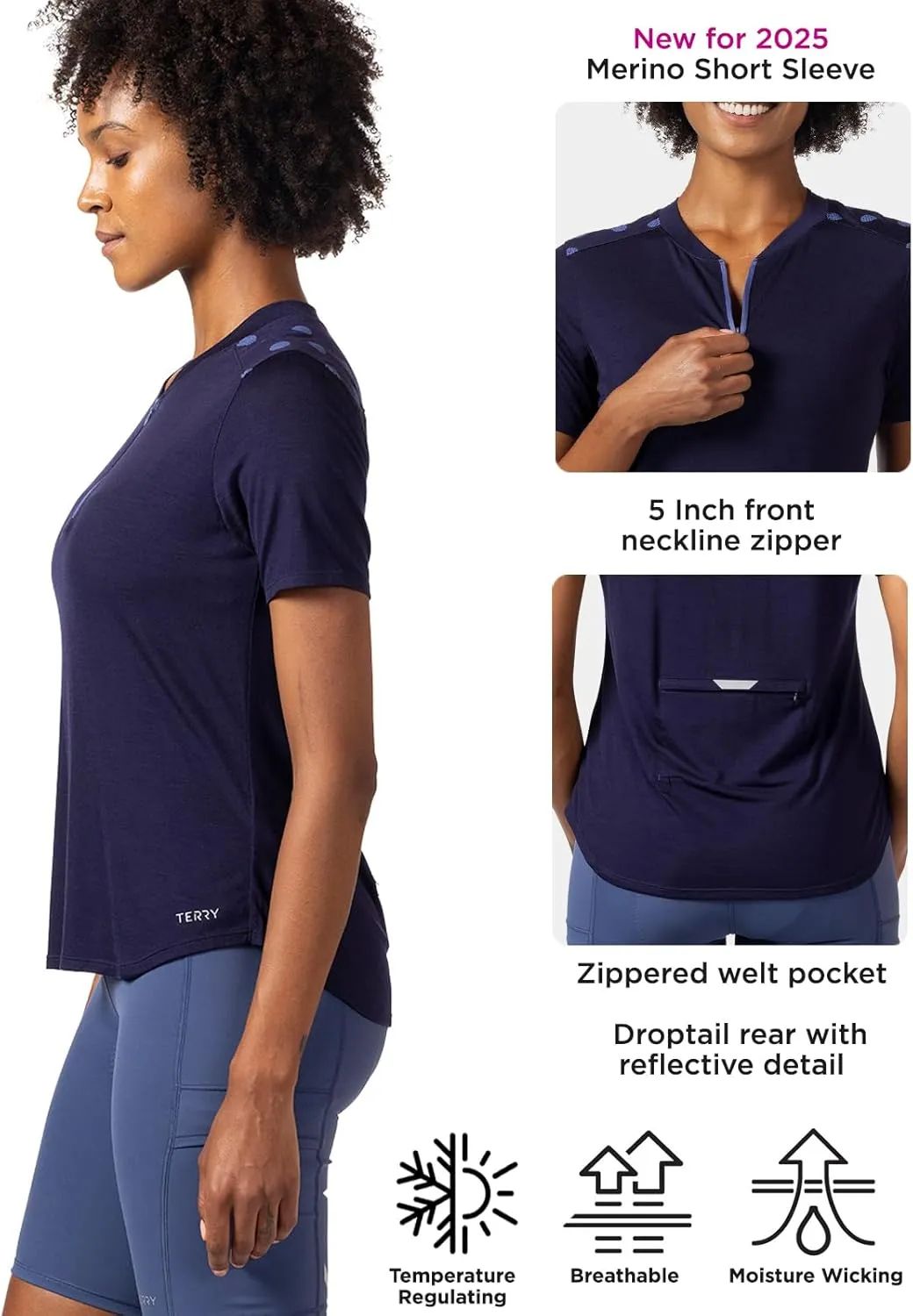Terry Merino Short Sleeve Cycling Jersey Womens Semi-Fitted Base Layer with 5 Inch Front Zipper, Secure Zip Pocket