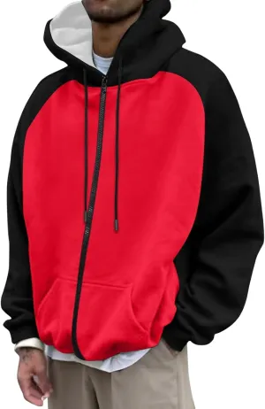Thatrich Lightweight Hoodies for Men Oversized Hoodie Color Block Hooded Sweatshirts Full Zip Shirts with Pockets Fall Trendy