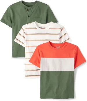 The Children's Place,Boys,Short Sleeve Knit T-Shirts,Orange Colorblock/Striped/Green 3-Pack,Large