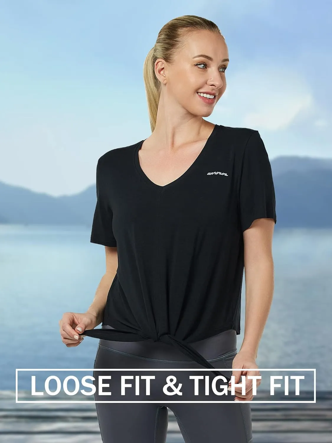 Tie Front Womens T Shirts, Short Sleeves V Neck Tee Tops Athletic Workout Gym Yoga Sweatshirts