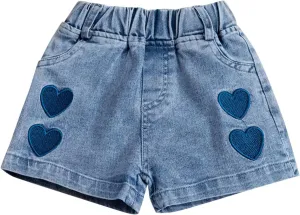 Toddler Baby Girls Casual Denim Shorts Summer High Waisted Embroidered Love Print Jeans Short with Pockets