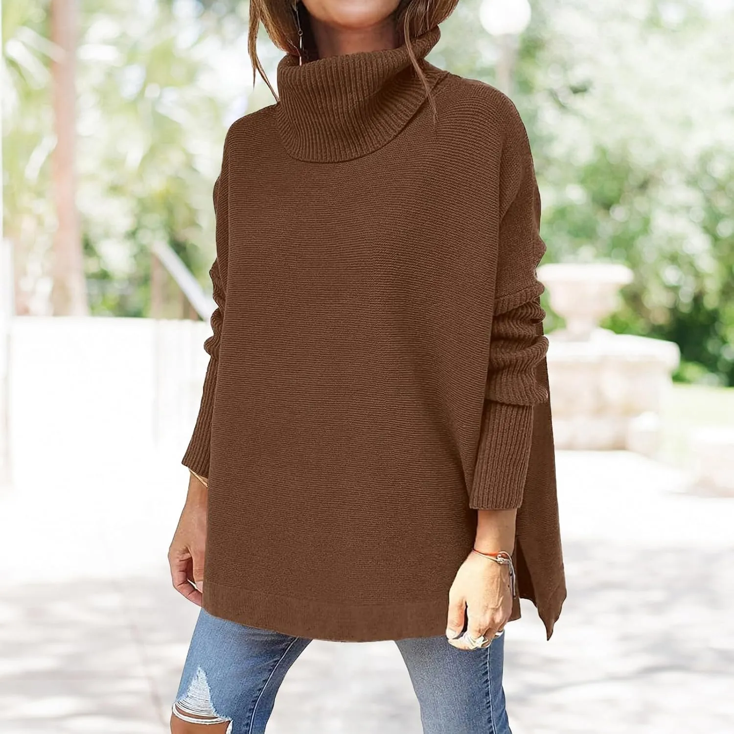 Turtleneck Oversized Sweaters for Womens Batwing Sleeve Spilt Tunic Pullover Casual Loose Knit Sweater Tops