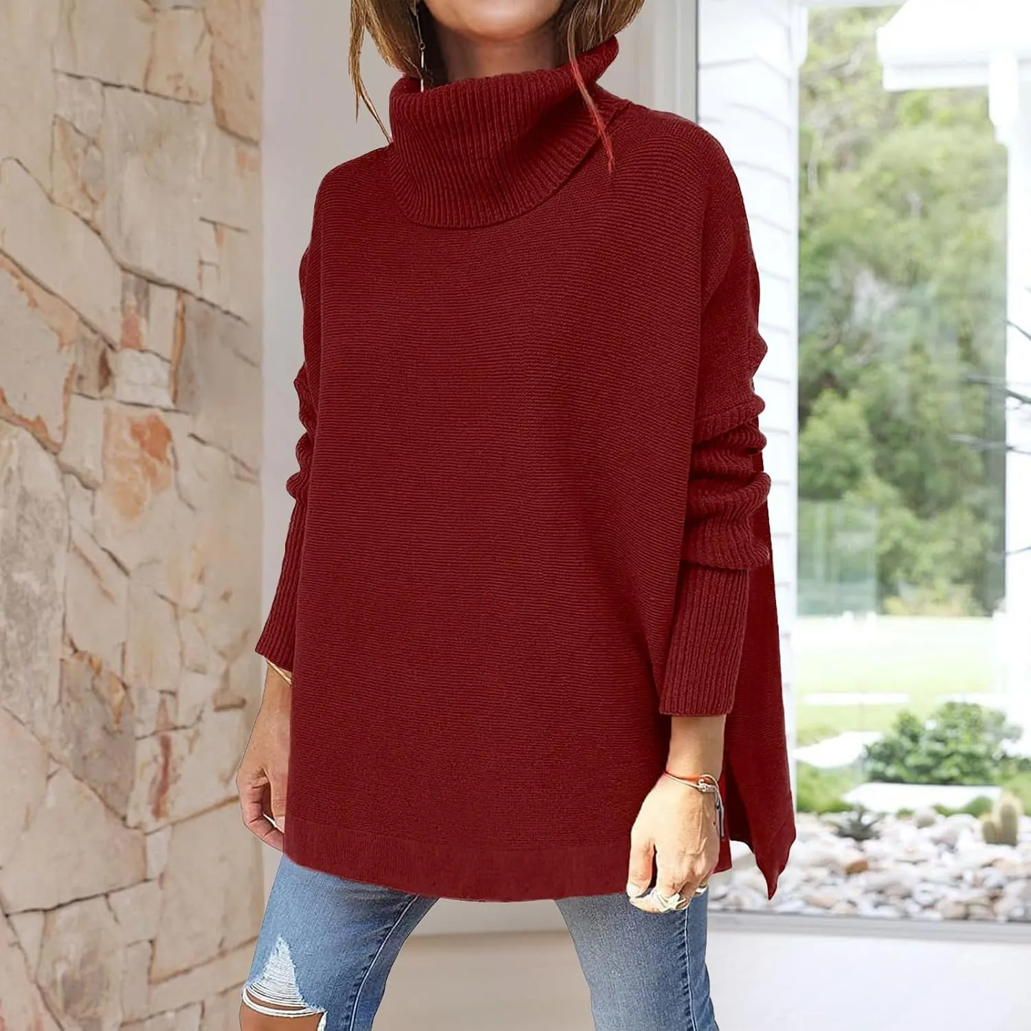 Turtleneck Oversized Sweaters for Womens Batwing Sleeve Spilt Tunic Pullover Casual Loose Knit Sweater Tops