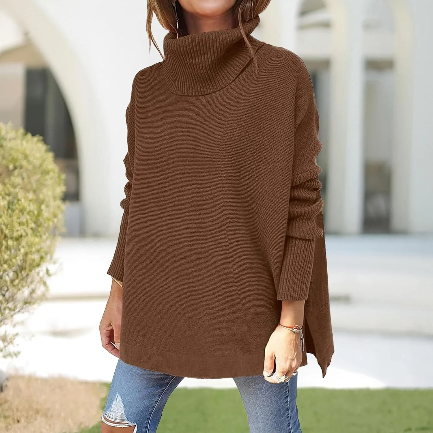 Turtleneck Oversized Sweaters for Womens Batwing Sleeve Spilt Tunic Pullover Casual Loose Knit Sweater Tops