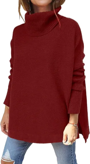 Turtleneck Oversized Sweaters for Womens Batwing Sleeve Spilt Tunic Pullover Casual Loose Knit Sweater Tops