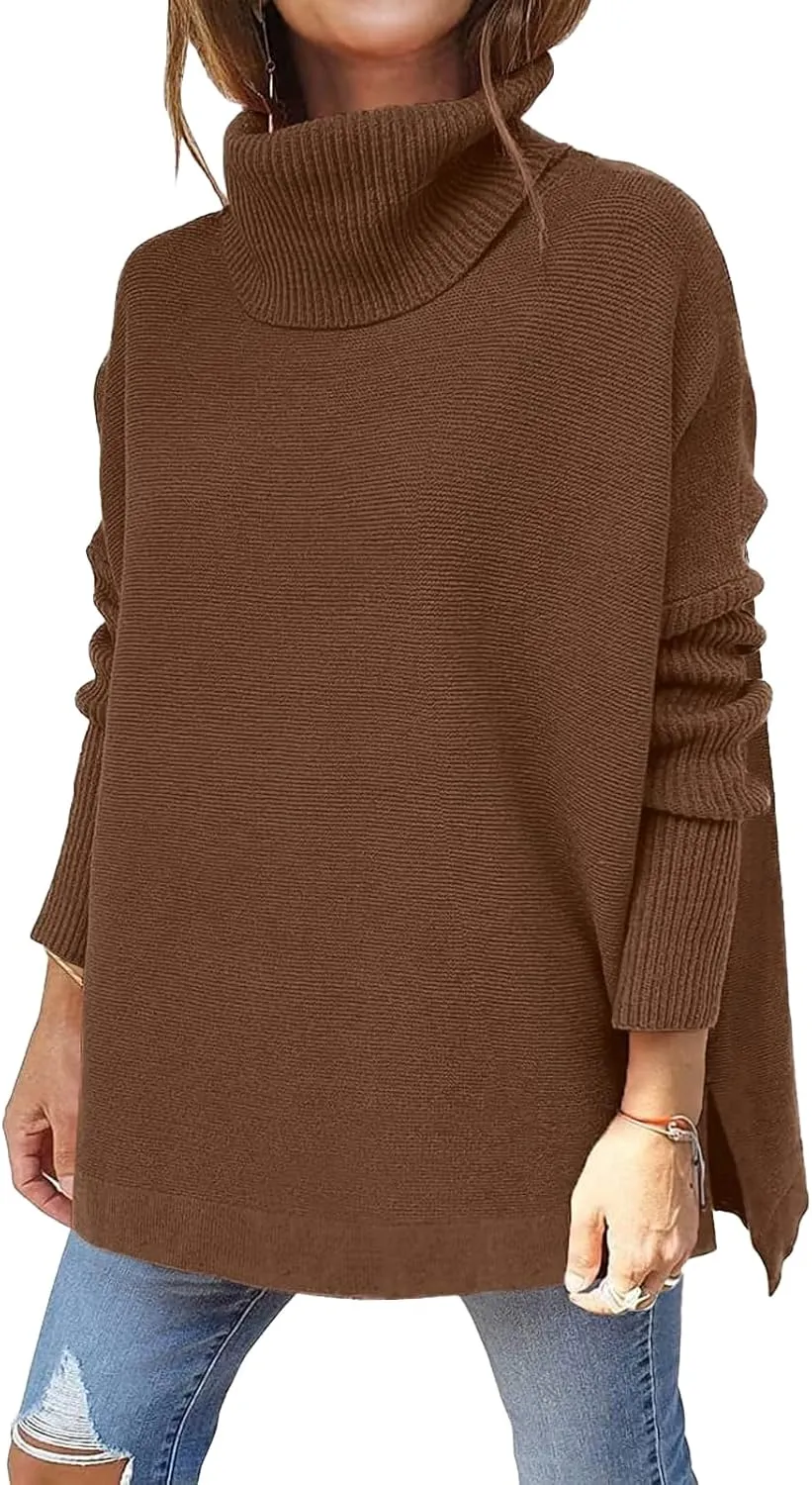 Turtleneck Oversized Sweaters for Womens Batwing Sleeve Spilt Tunic Pullover Casual Loose Knit Sweater Tops