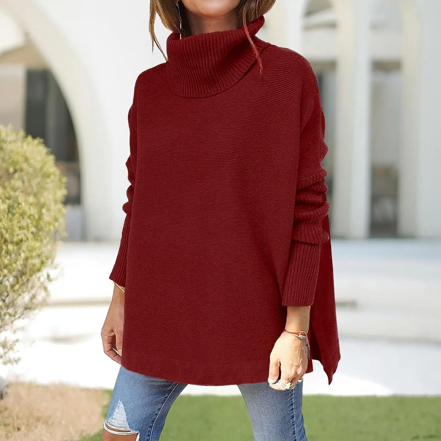 Turtleneck Oversized Sweaters for Womens Batwing Sleeve Spilt Tunic Pullover Casual Loose Knit Sweater Tops