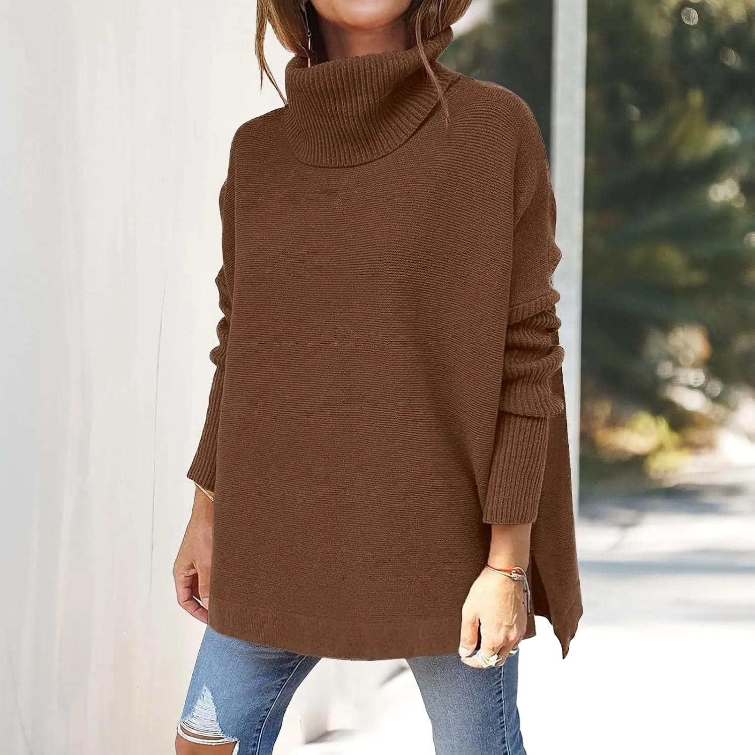 Turtleneck Oversized Sweaters for Womens Batwing Sleeve Spilt Tunic Pullover Casual Loose Knit Sweater Tops
