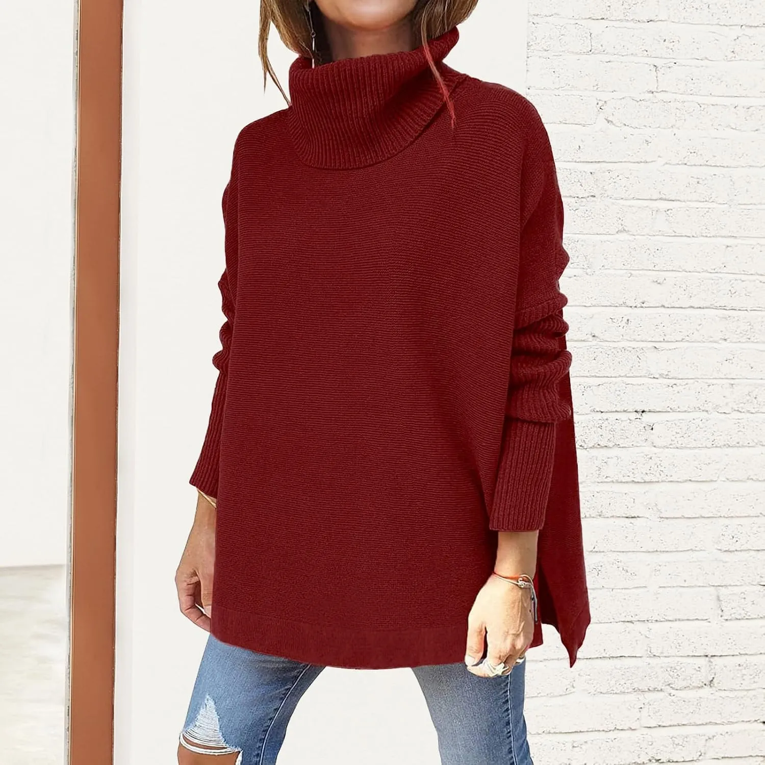 Turtleneck Oversized Sweaters for Womens Batwing Sleeve Spilt Tunic Pullover Casual Loose Knit Sweater Tops