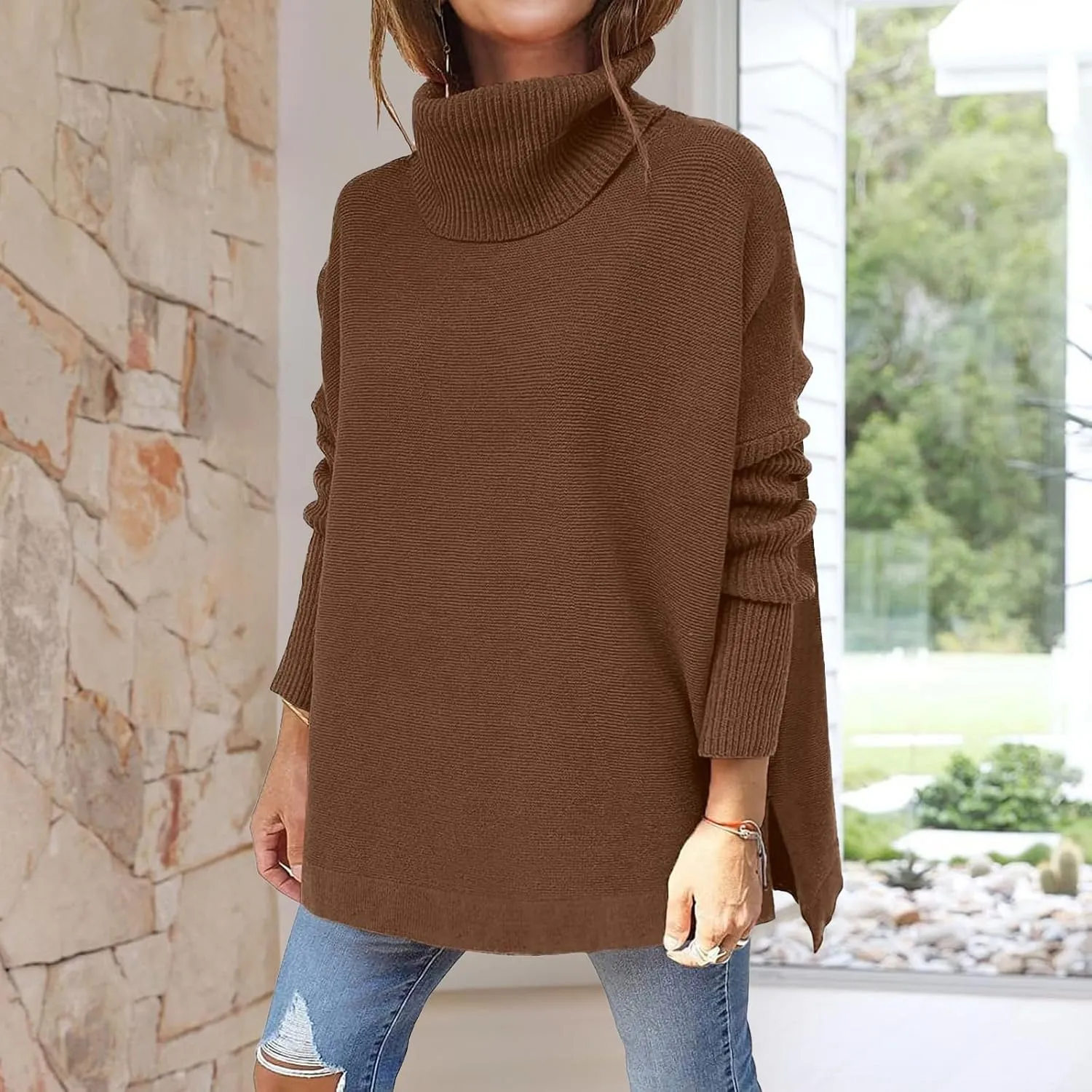 Turtleneck Oversized Sweaters for Womens Batwing Sleeve Spilt Tunic Pullover Casual Loose Knit Sweater Tops