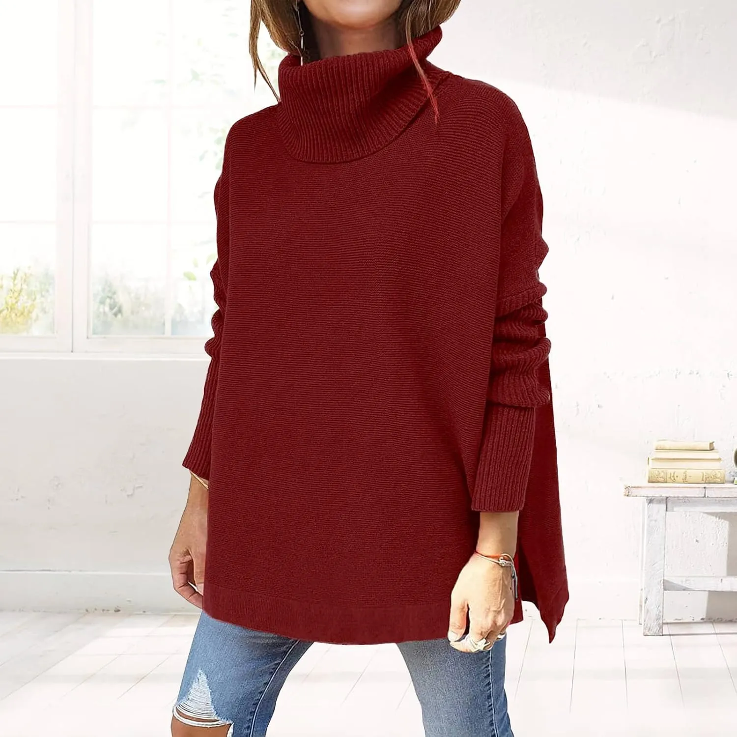 Turtleneck Oversized Sweaters for Womens Batwing Sleeve Spilt Tunic Pullover Casual Loose Knit Sweater Tops