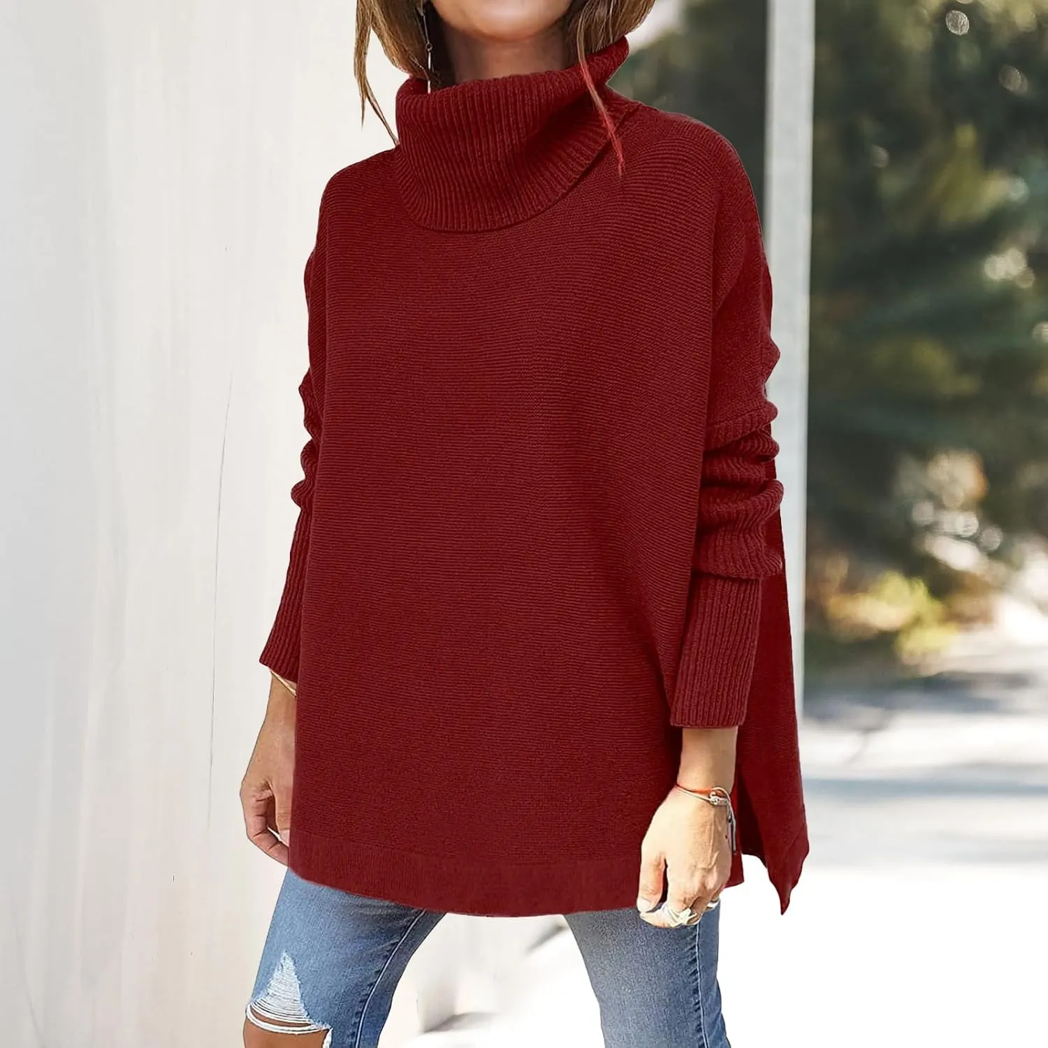 Turtleneck Oversized Sweaters for Womens Batwing Sleeve Spilt Tunic Pullover Casual Loose Knit Sweater Tops