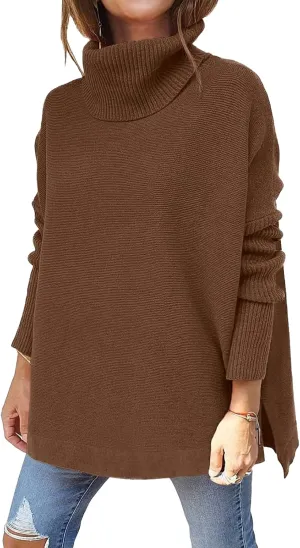 Turtleneck Oversized Sweaters for Womens Batwing Sleeve Spilt Tunic Pullover Casual Loose Knit Sweater Tops