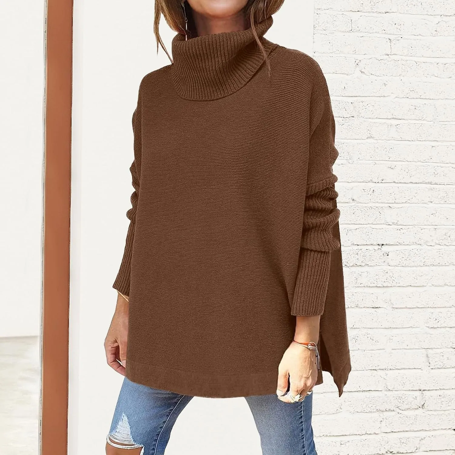Turtleneck Oversized Sweaters for Womens Batwing Sleeve Spilt Tunic Pullover Casual Loose Knit Sweater Tops