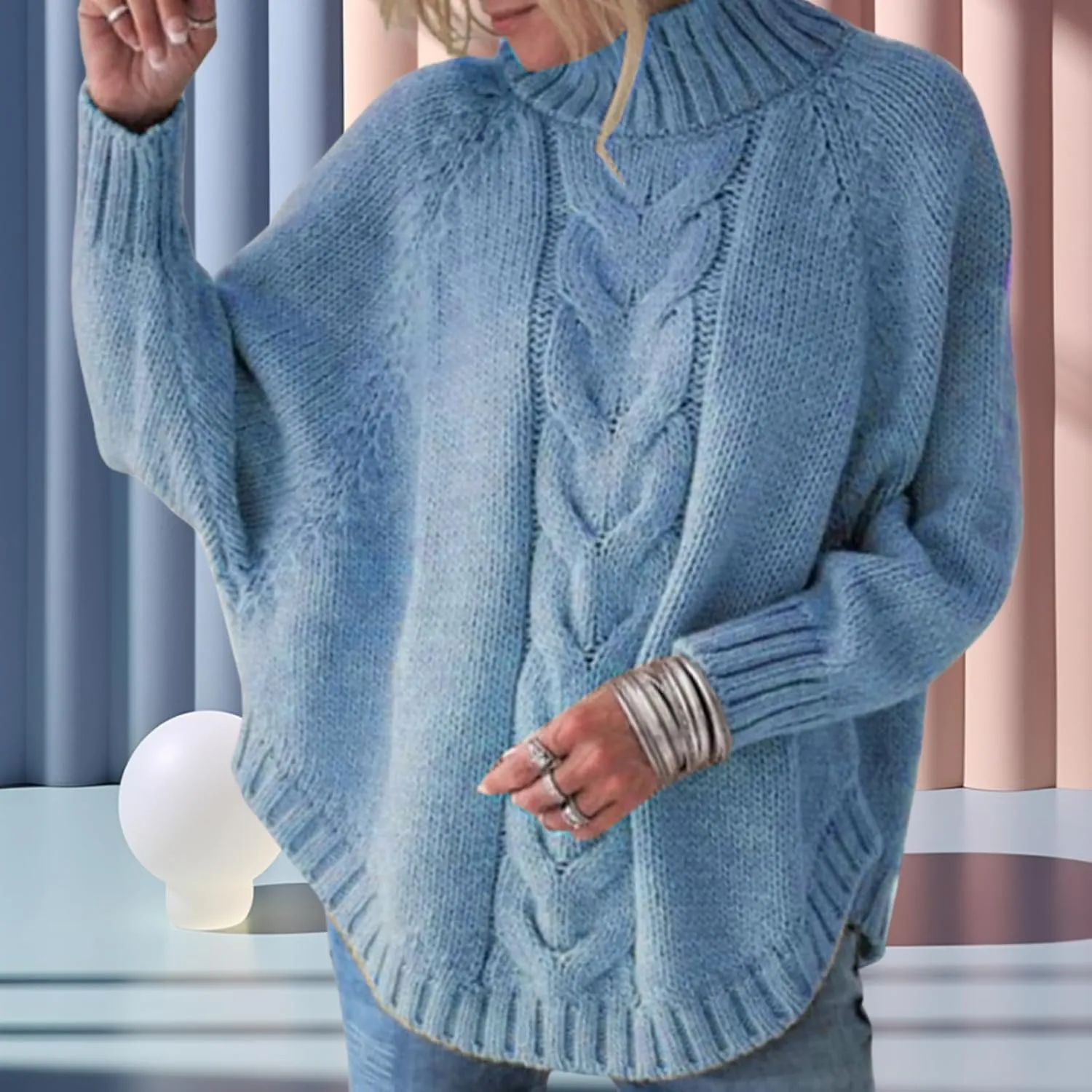 Turtleneck Sweater Women Oversized Chunky Pullover Sweaters Mock Neck Batwing Sleeve Winter Slouchy Loose Knit Sweaters