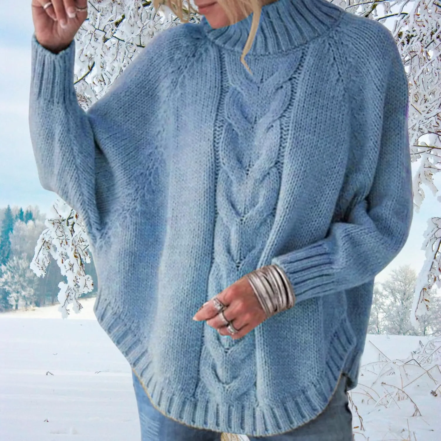 Turtleneck Sweater Women Oversized Chunky Pullover Sweaters Mock Neck Batwing Sleeve Winter Slouchy Loose Knit Sweaters