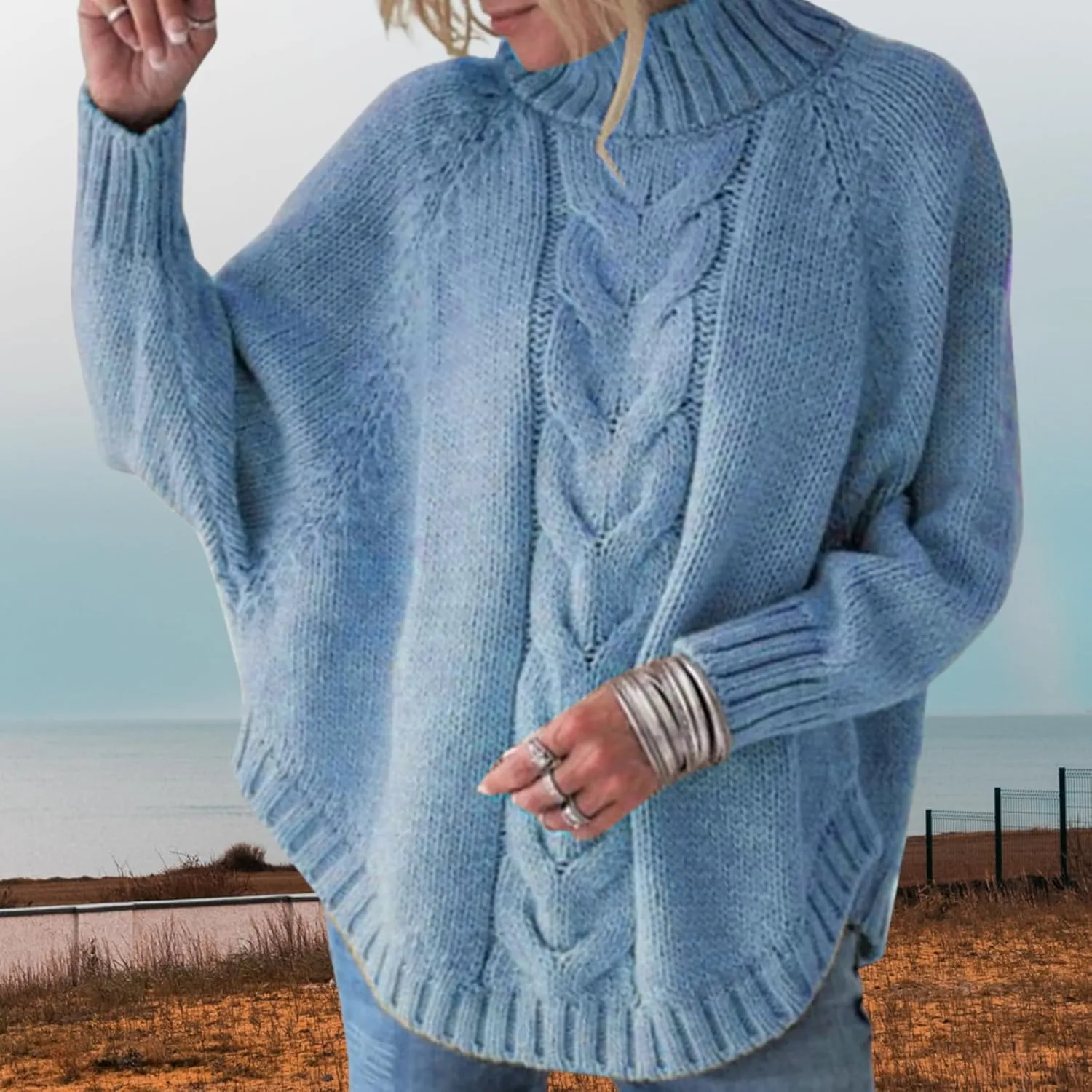 Turtleneck Sweater Women Oversized Chunky Pullover Sweaters Mock Neck Batwing Sleeve Winter Slouchy Loose Knit Sweaters