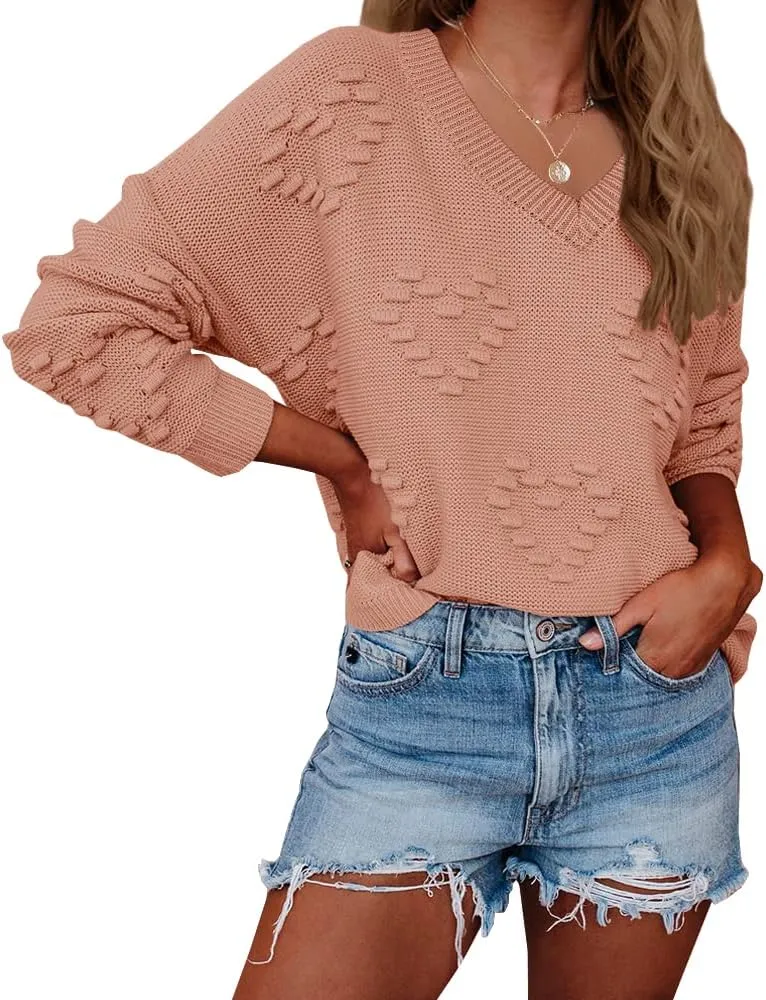 Tutorutor Womens Cute Heart Love Print Valentine Sweater Tops Oversized Crew Neck Dot Ball Loose Knitted Jumper Pullover