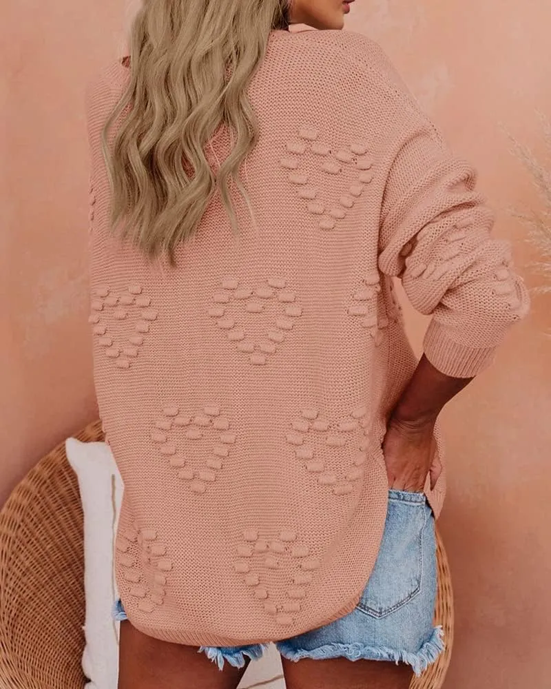 Tutorutor Womens Cute Heart Love Print Valentine Sweater Tops Oversized Crew Neck Dot Ball Loose Knitted Jumper Pullover