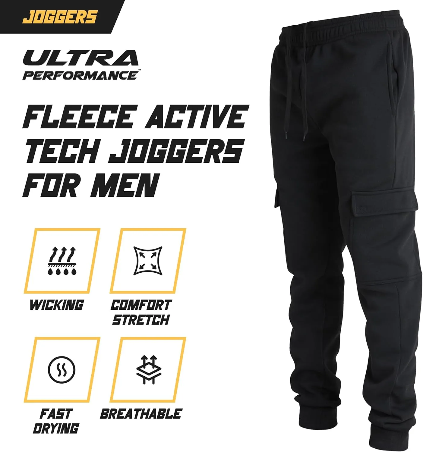 Ultra Performance 3 Pack Mens Sweatpants, Fleece Cargo Joggers for Men with Pockets