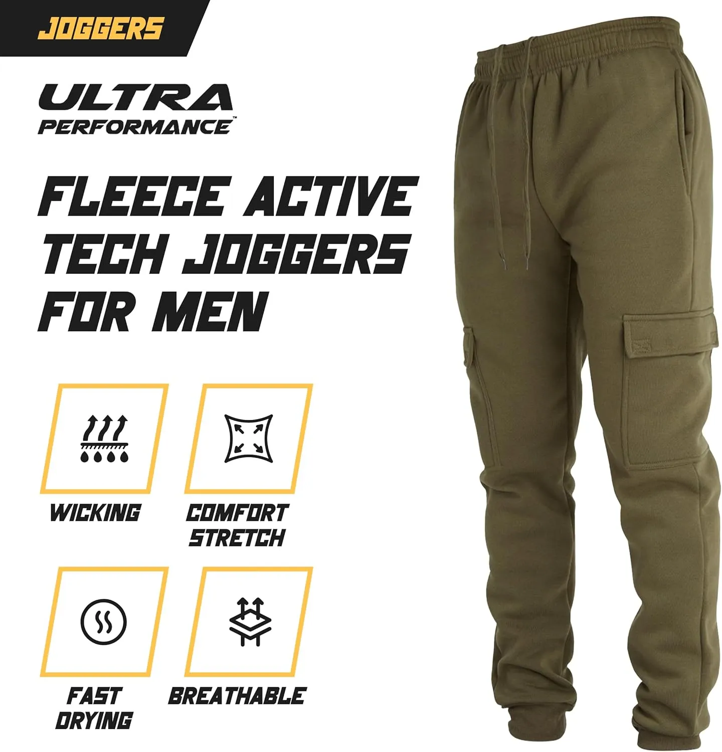 Ultra Performance 3 Pack Mens Sweatpants, Fleece Cargo Joggers for Men with Pockets