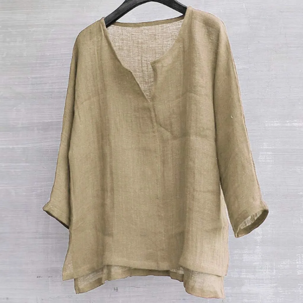 Unisex Summer Baggy Cotton Linen Henley Shirts Casual Loose Beach Yoga Tops Blouse Plus Size M-3XL