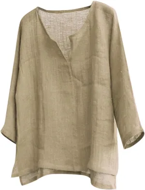 Unisex Summer Baggy Cotton Linen Henley Shirts Casual Loose Beach Yoga Tops Blouse Plus Size M-3XL
