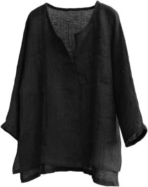 Unisex Summer Baggy Cotton Linen Henley Shirts Casual Loose Beach Yoga Tops Blouse Plus Size M-3XL
