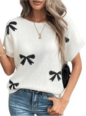 Verdusa Women's Bow Knot Pullover Sweaters Round Neck Short Sleeve Loose Knit Tops