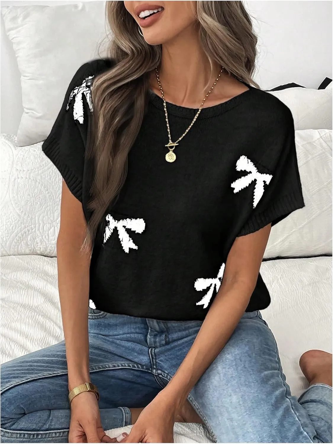 Verdusa Women's Bow Knot Pullover Sweaters Round Neck Short Sleeve Loose Knit Tops