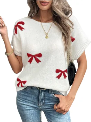 Verdusa Women's Bow Knot Pullover Sweaters Round Neck Short Sleeve Loose Knit Tops