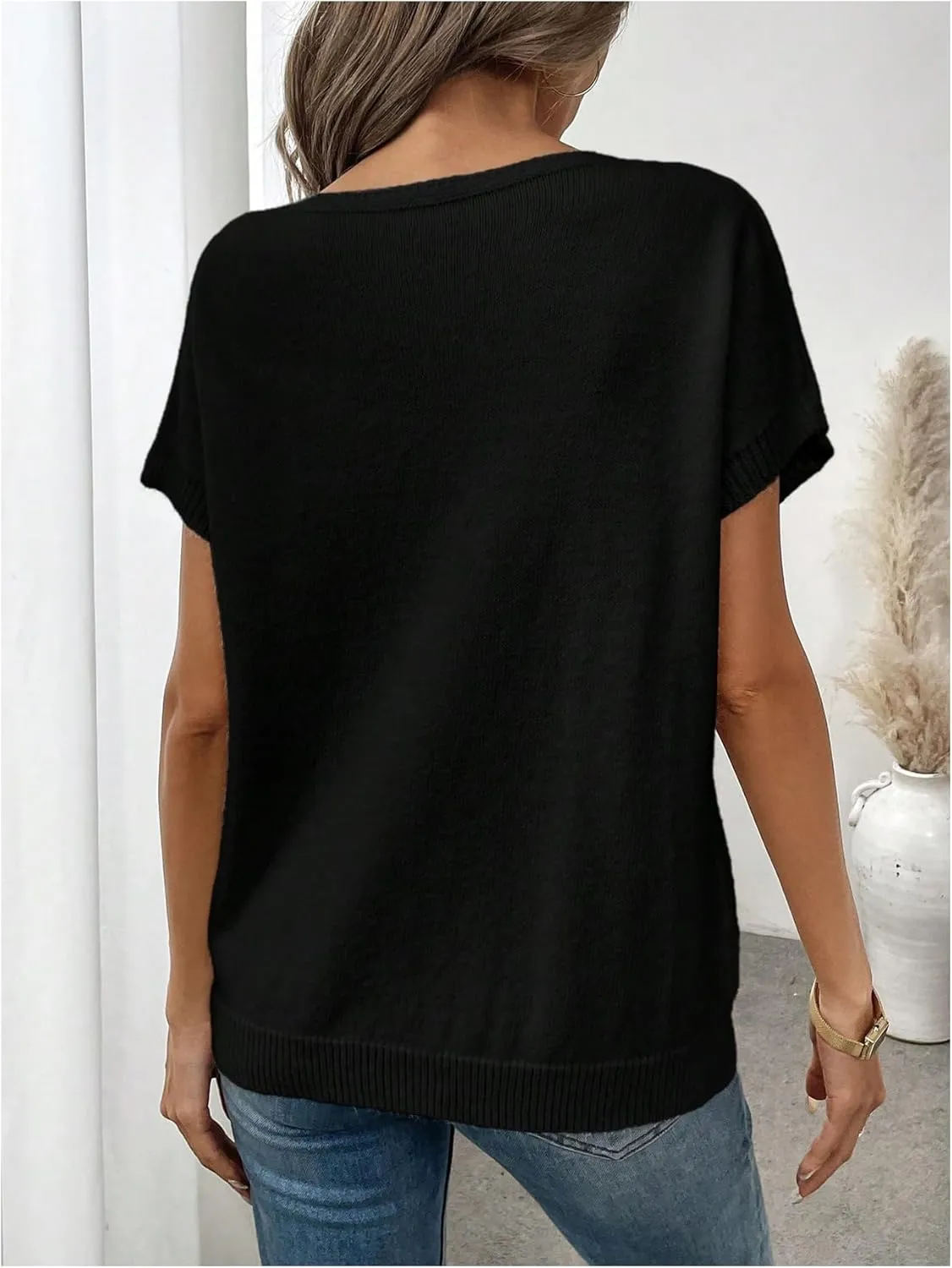 Verdusa Women's Bow Knot Pullover Sweaters Round Neck Short Sleeve Loose Knit Tops