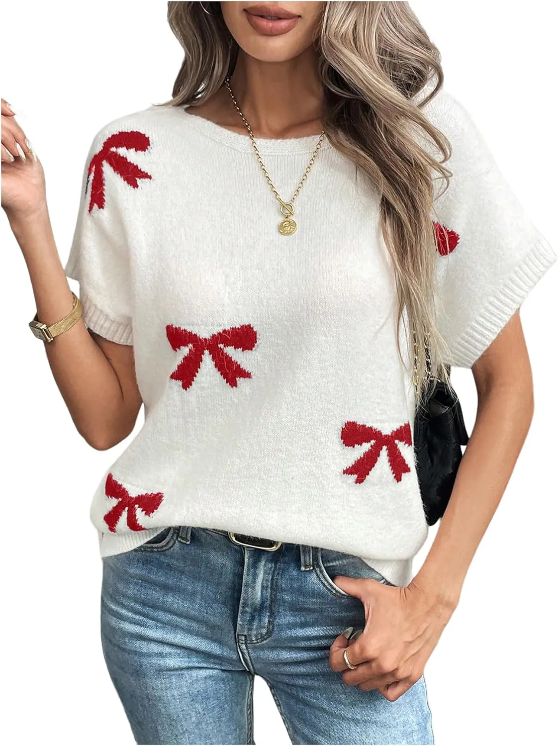 Verdusa Women's Bow Knot Pullover Sweaters Round Neck Short Sleeve Loose Knit Tops