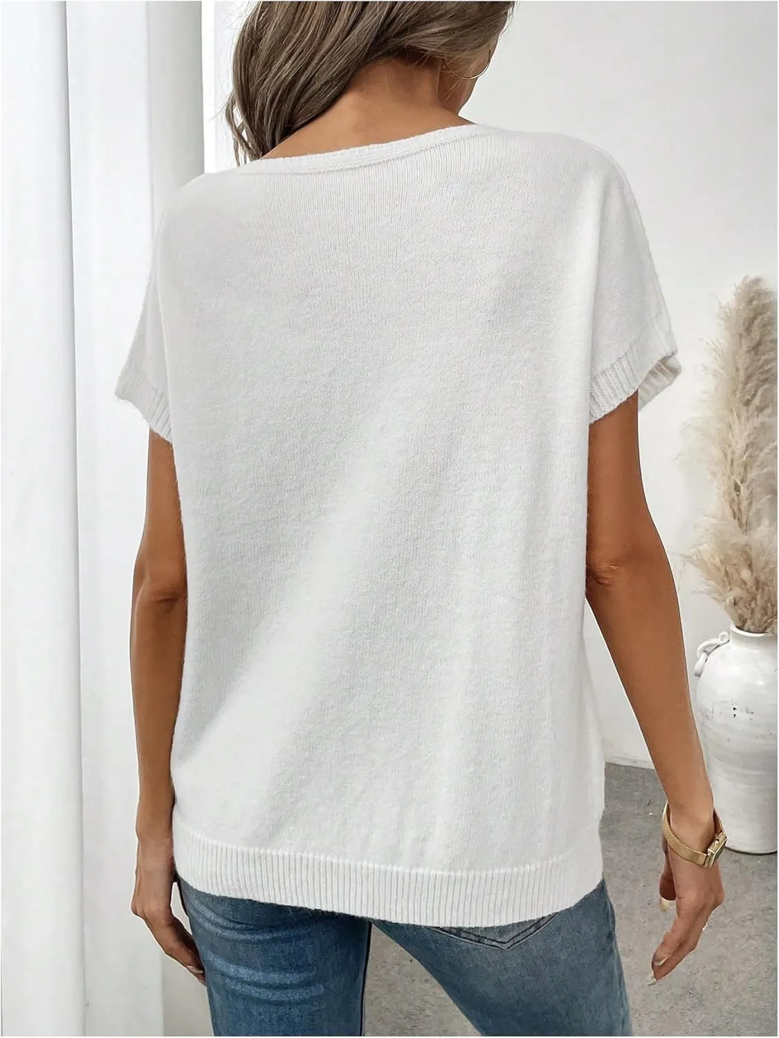 Verdusa Women's Bow Knot Pullover Sweaters Round Neck Short Sleeve Loose Knit Tops