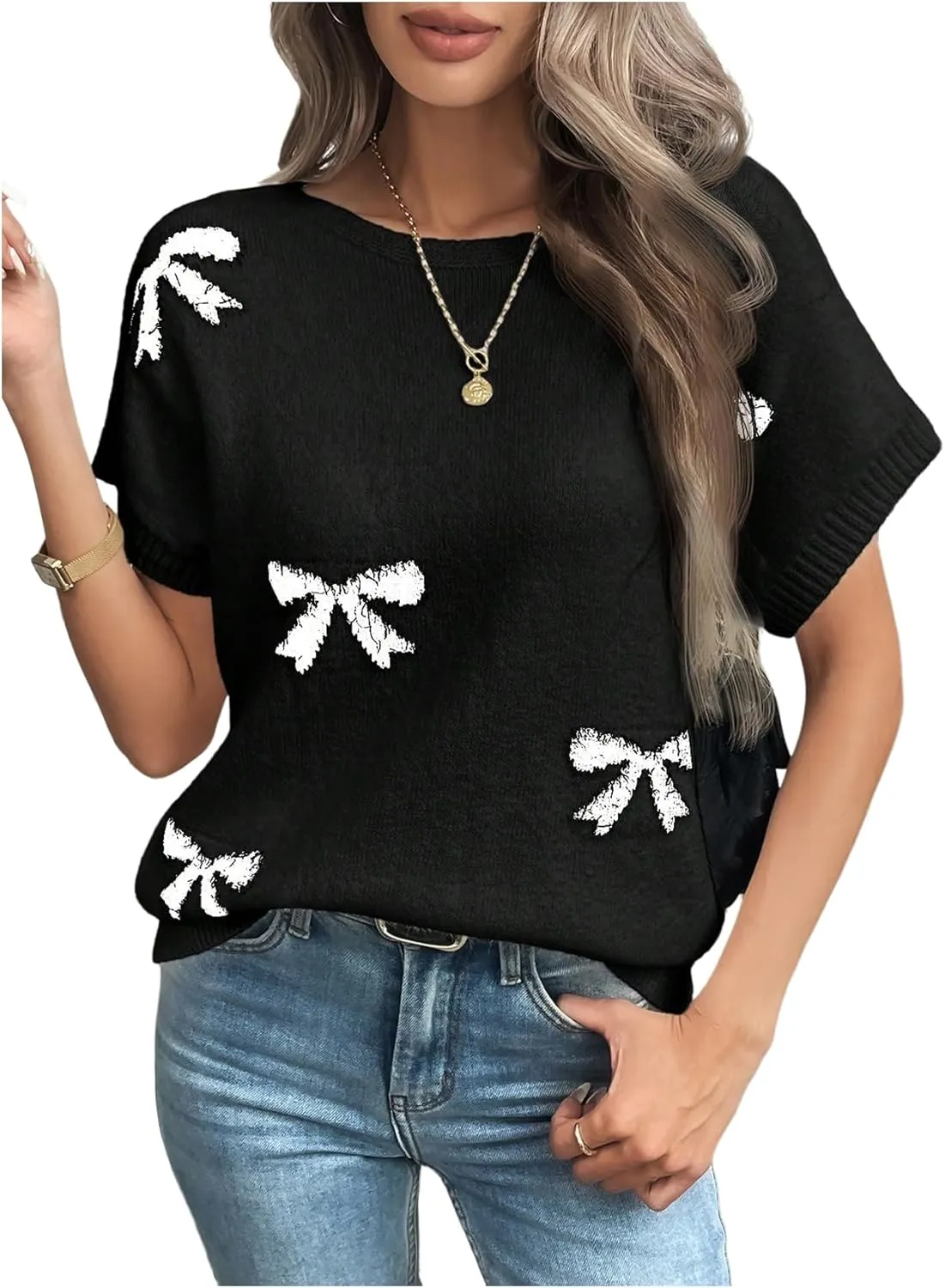 Verdusa Women's Bow Knot Pullover Sweaters Round Neck Short Sleeve Loose Knit Tops