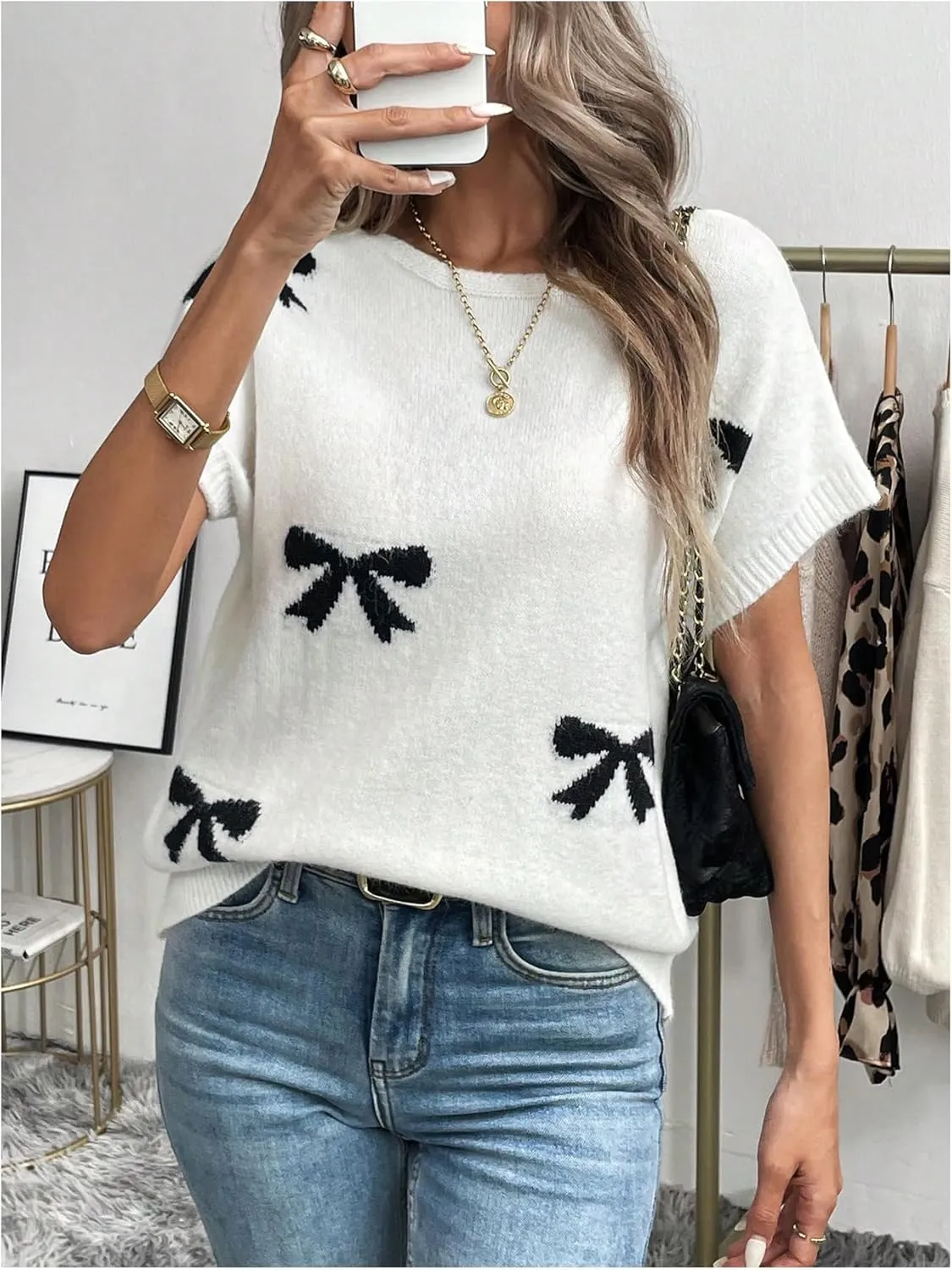 Verdusa Women's Bow Knot Pullover Sweaters Round Neck Short Sleeve Loose Knit Tops