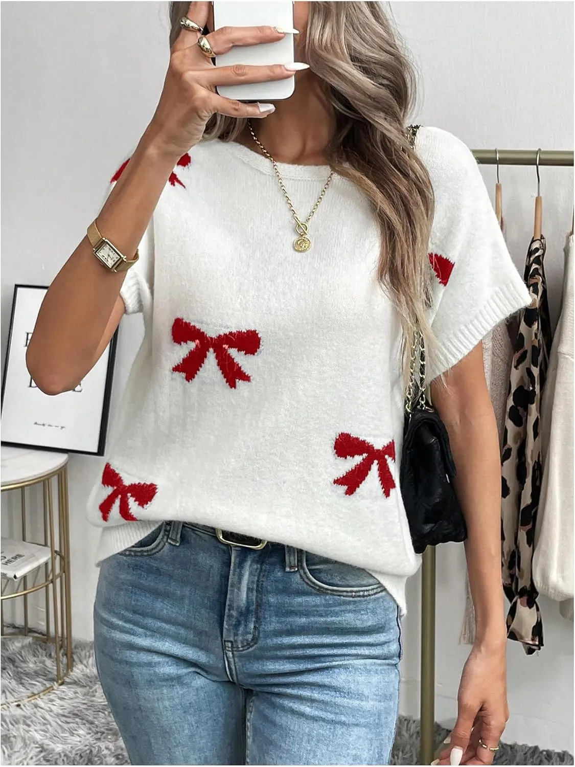 Verdusa Women's Bow Knot Pullover Sweaters Round Neck Short Sleeve Loose Knit Tops