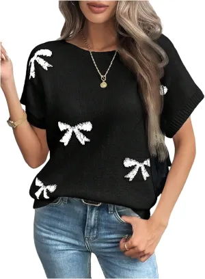 Verdusa Women's Bow Knot Pullover Sweaters Round Neck Short Sleeve Loose Knit Tops