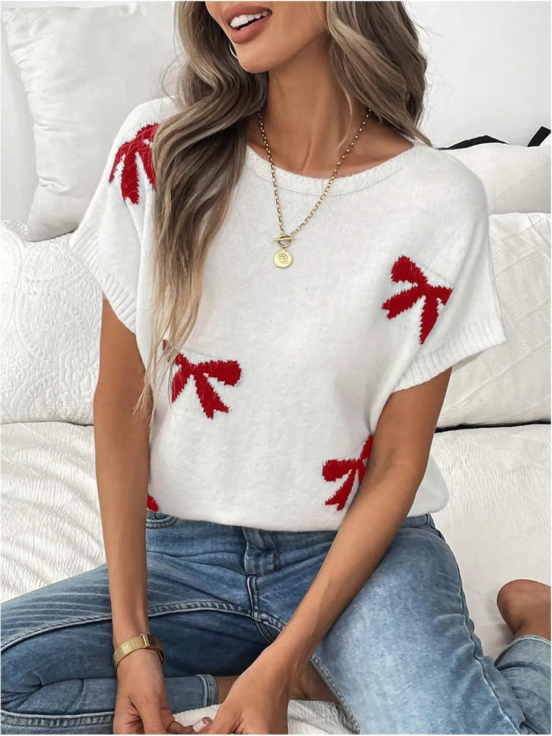 Verdusa Women's Bow Knot Pullover Sweaters Round Neck Short Sleeve Loose Knit Tops
