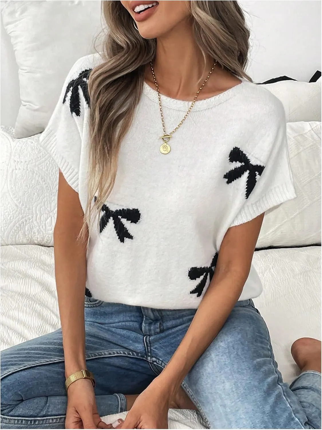 Verdusa Women's Bow Knot Pullover Sweaters Round Neck Short Sleeve Loose Knit Tops